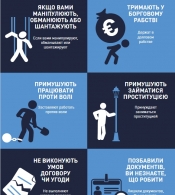 Skrejlapas par cilvēku tirdzniecības pazīmēm un palīdzības iespējām ukraiņu valodā